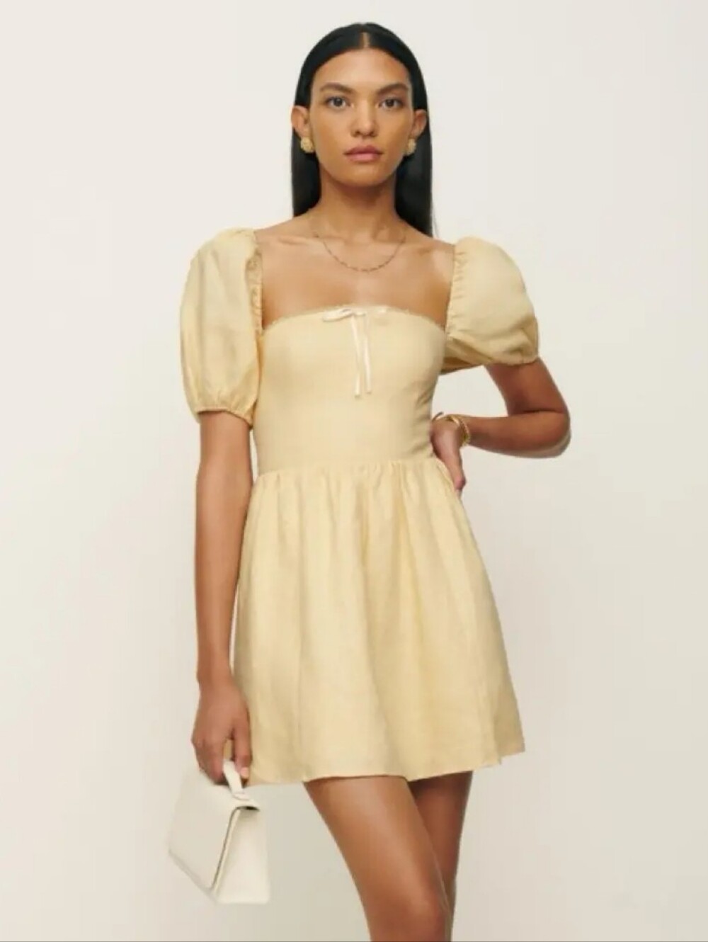 Reformation | Malvina Linen Puff Sleeve Mini Dress Size 8 Curved Neckline Bow